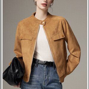 Faux Suede Stand Collar Bomber Jacket